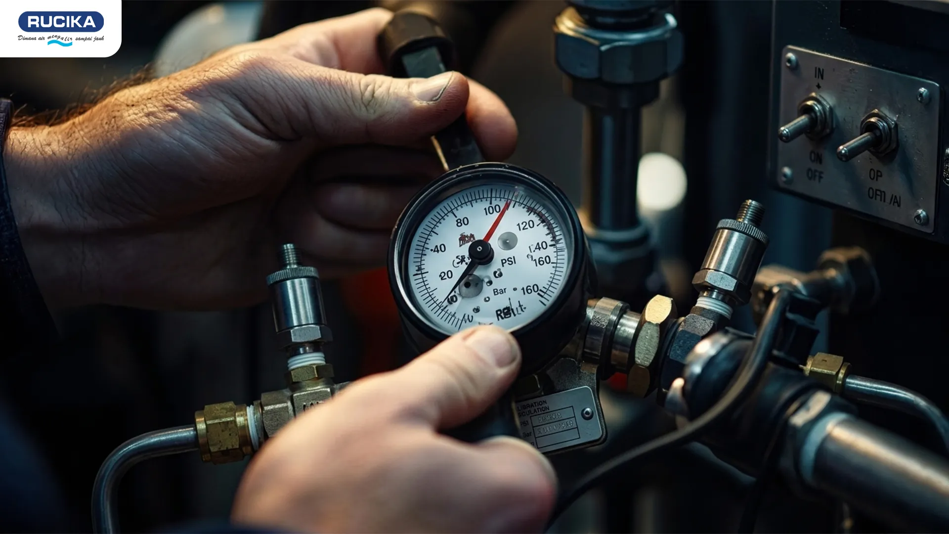 Teknisi sedang melihat pressure gauge