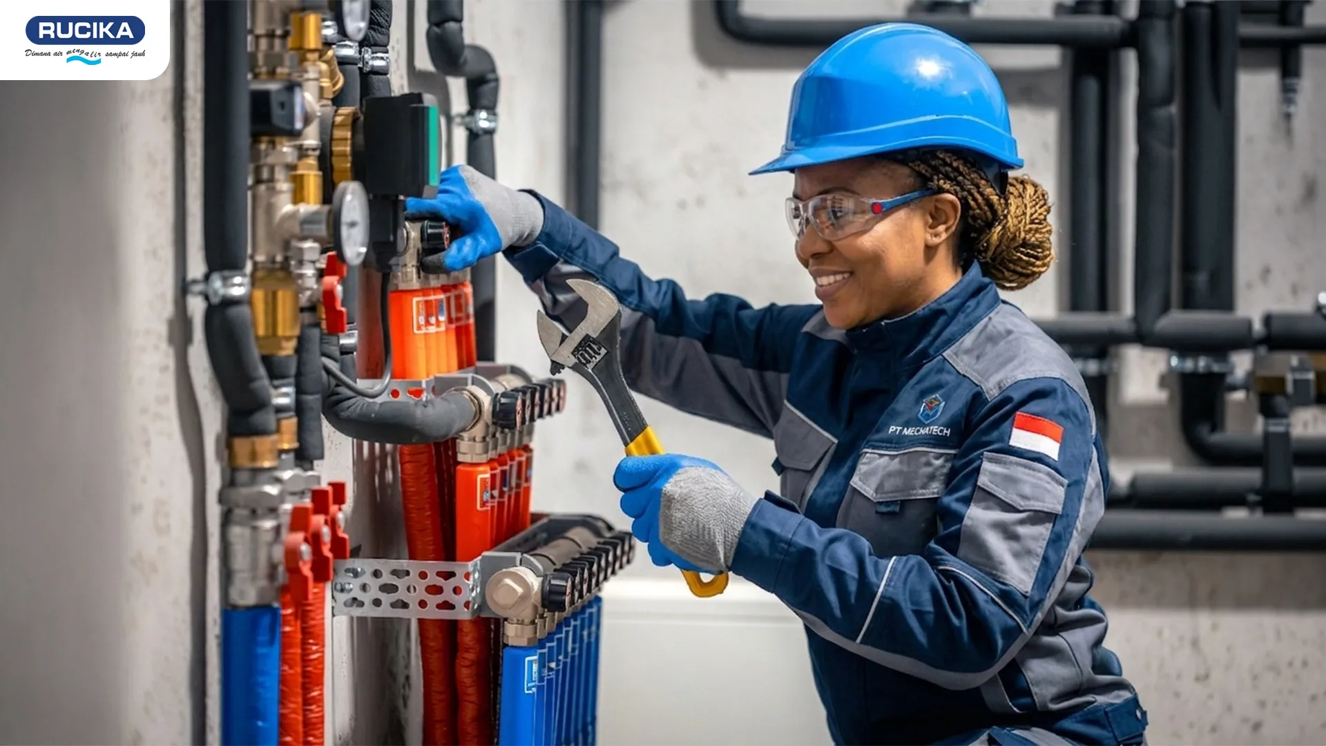 Teknisi sedang membetulkan pressure gauge