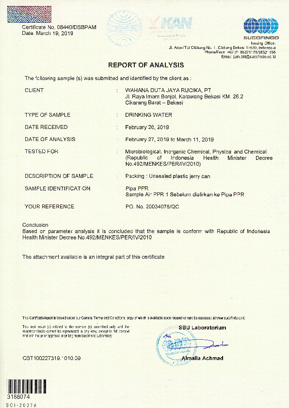 Sertifikat Food Grade pipa PPR Rucika Sebelum