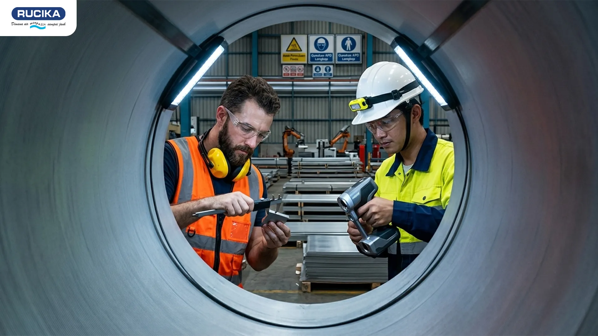 Teknisi sedang mengukur diameter pipa