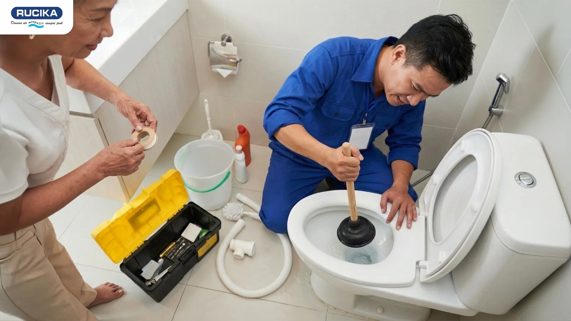 plumber yang sedang membersihkan kloset yang mampet menggunakan plunger
