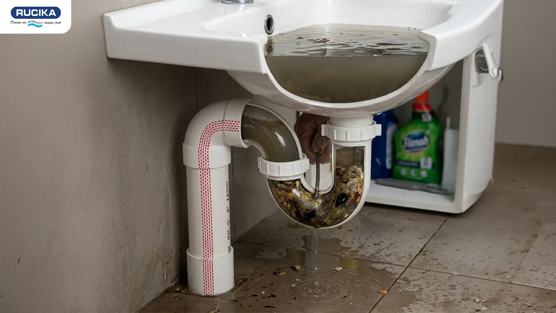wastafel yang tersumbat akibat kotoran dan sampah makanan
