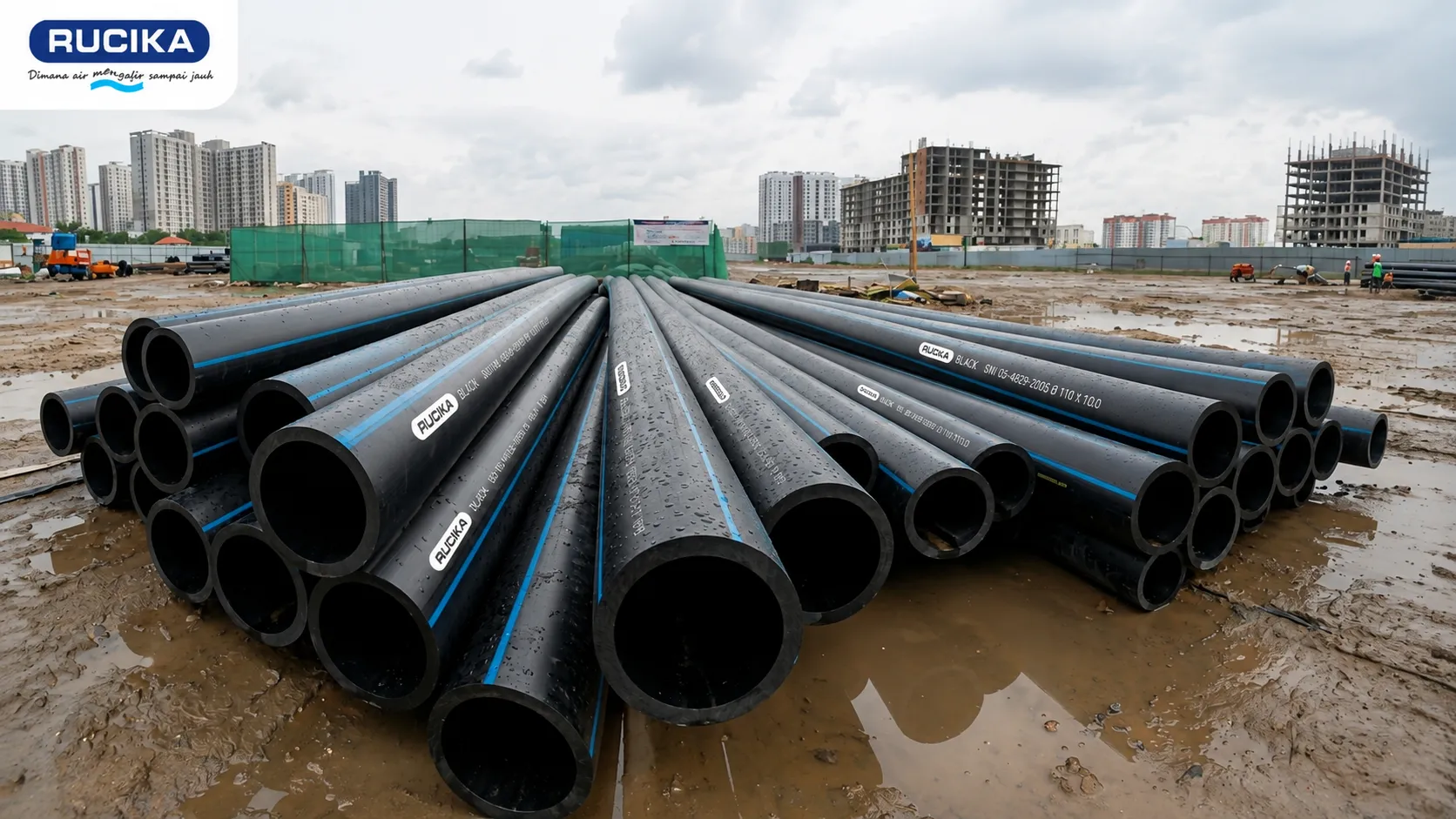 Pipda hdpe terkena hujan di area konstruksi