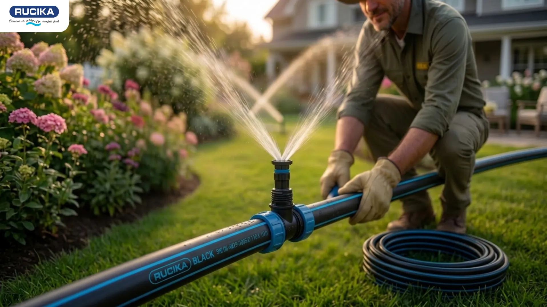 Gambar contoh penggunaan pipa Rucika HDPE untuk sistem sprinkler taman