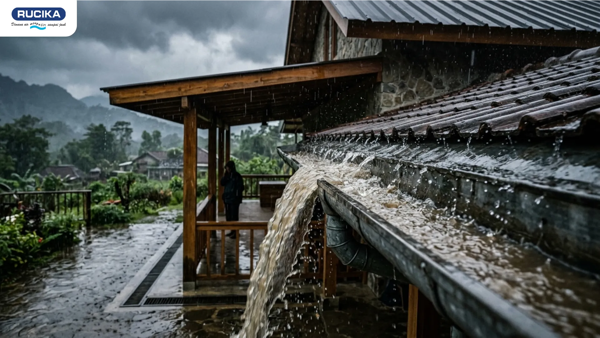 Gambar talang air pada rumah saat hujan deras