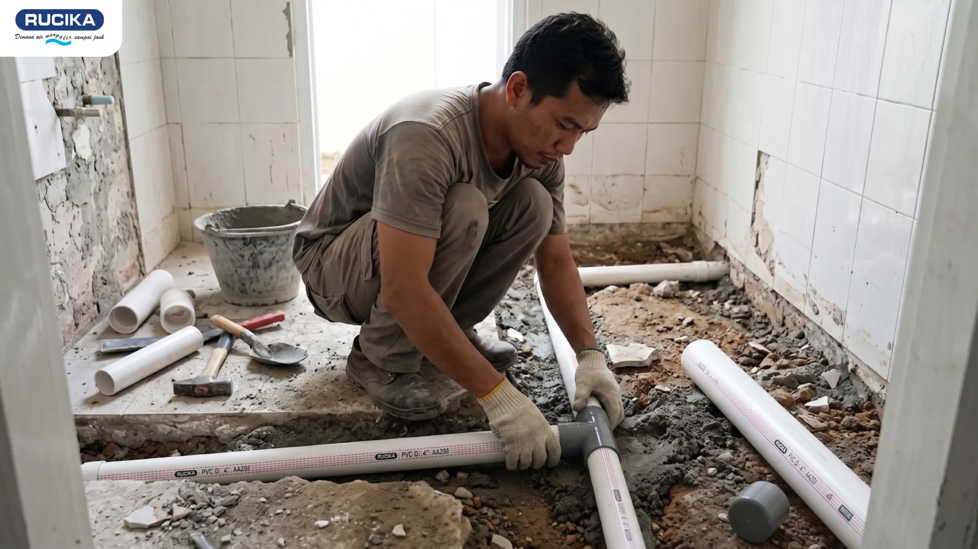 Gambar seorang pria yang sedang memasang pipa kamar mandi